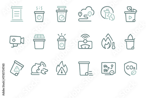 Neon icon set of smart waste bins, fire safety, and sensors