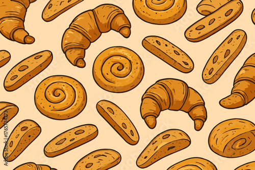 Seamless bakery pattern with croissants, rolls, and baguettes