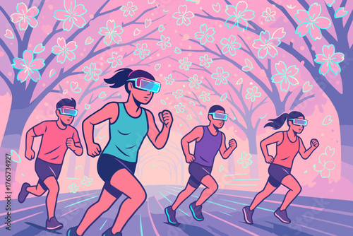 Runners in VR headsets under blooming cherry blossom trees