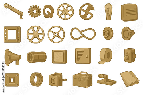 Vintage mechanical and industrial icons in sepia tones