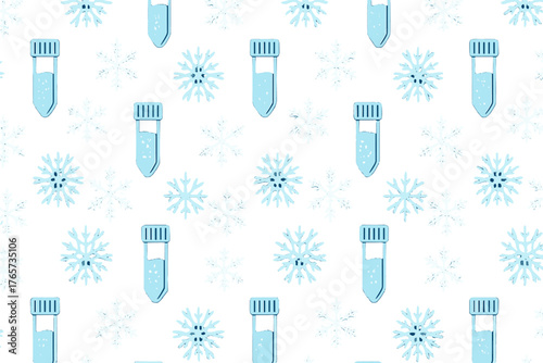 Seamless pattern of snowflakes and cryogenic lab vials, vector