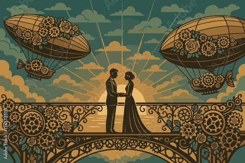Romantic steampunk couple on ornate bridge at sunset