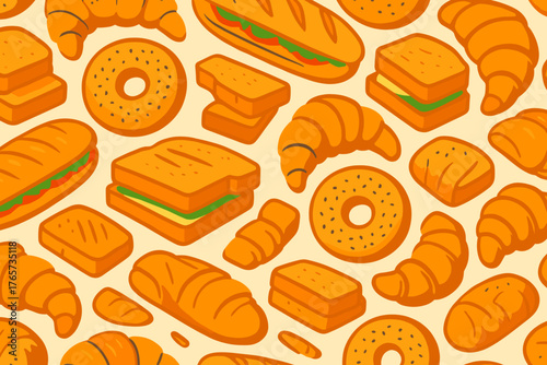 Seamless pattern of cartoon bread, croissants, and sandwiches