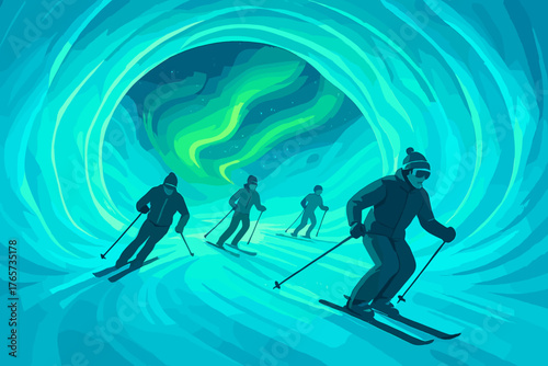 Northern Lights Ski Adventure – Skiers Under the Aurora Borealis