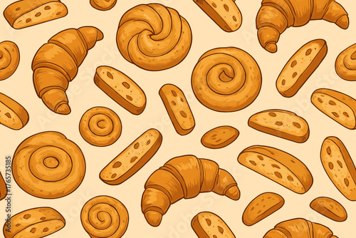 Seamless pattern with croissants, biscotti, and spiral pastries