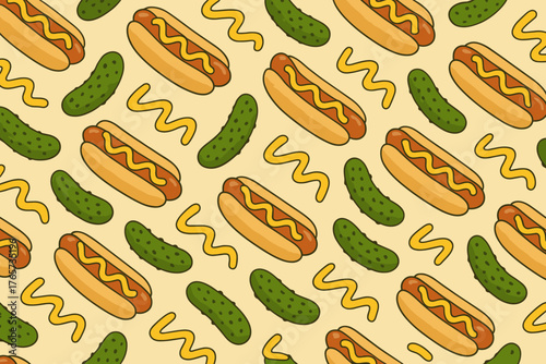 Playful seamless pattern of hot dogs, pickles, and mustard