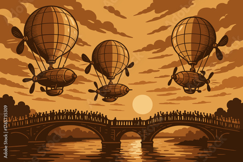 Steampunk airships flying over bridge at sunset with crowd