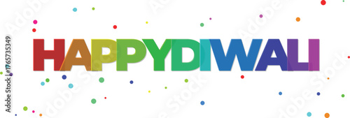 Happy Diwali text with rainbow colors and colorful dots on white background celebration