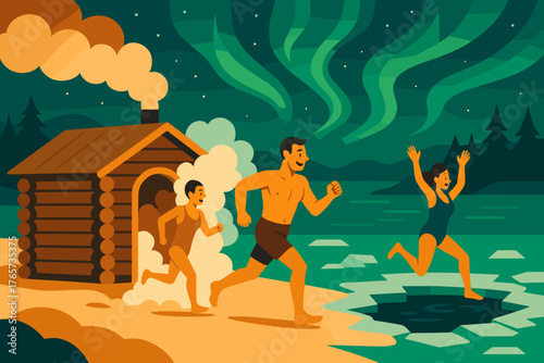 Winter sauna and ice plunge with northern lights background