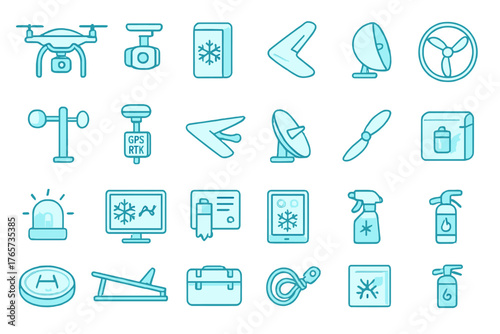 Drone equipment and flight operation icons in blue outline style