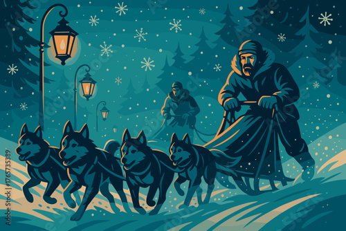 Dog sled team racing through snowy forest under lantern light