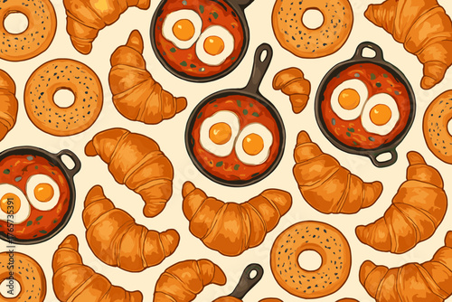 Seamless breakfast pattern with croissants, bagels, and eggs