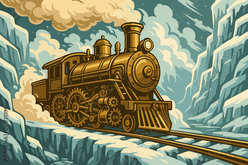 Golden steam train powering through icy mountain pass