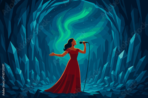 Woman singing in crystal cave under glowing northern lights
