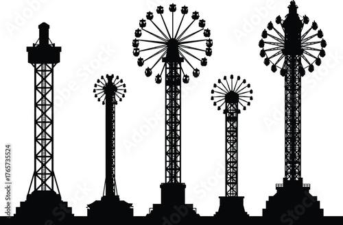 Silhouette amusement park rides, Ferris wheel, drop tower, swing ride structures, thrill attractions, white background, theme park fun, vertical entertainment architecture
