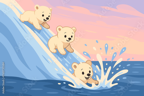 Happy polar bear cubs sliding into ocean from icy slope
