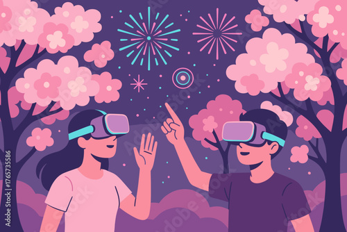 Couple exploring virtual fireworks in cherry blossom VR world