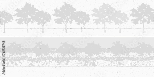 Monochromatic graphic illustration of a tree line with reflected trees in water and textured background