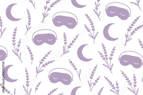 Pastel nighttime seamless pattern with sleep masks, lavender, and crescent moons