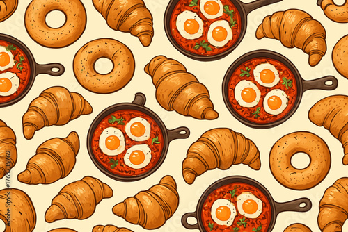 Whimsical breakfast pattern with croissants, bagels, and sunny side eggs