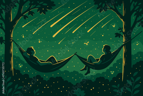 Couple watching shooting stars from hammocks in firefly forest