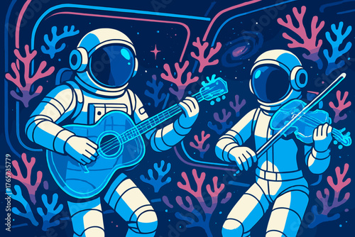 Astronauts playing guitar and violin in a colorful space scene