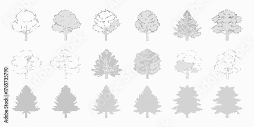 Collection of stylized deciduous and coniferous trees in various shades of gray and outlines