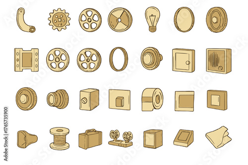 Hand-drawn vintage industrial and film icons in sepia tones