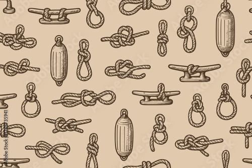 Hand-drawn seamless nautical pattern with vintage rope knots, cleats, and fenders