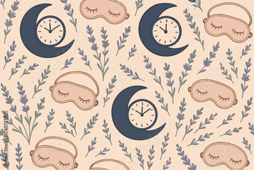 Seamless night pattern with crescent moons, sleep masks, clocks, and lavender