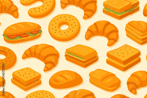 Seamless bakery pattern with sandwiches, bagels, and pastries