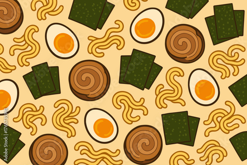 Cute ramen ingredient pattern with noodles, chashu pork, eggs, and seaweed