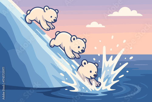 Playful polar bear cubs sliding into arctic ocean, vector art
