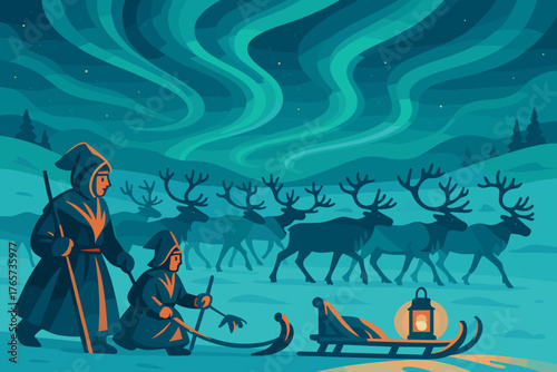 Reindeer migration guided by herders under aurora-filled sky