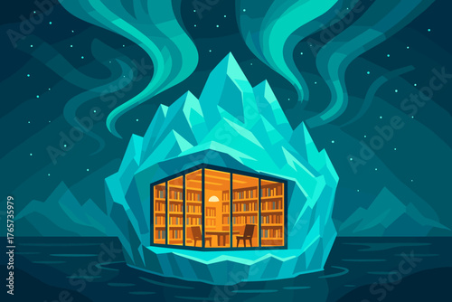 Modern glass library glowing inside a floating iceberg at night