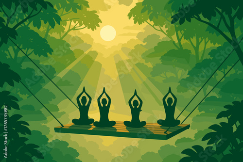 Yoga group meditating on suspended platform in jungle sunrise