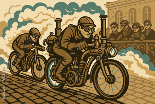 Steampunk motorbike race with spectators on cobbled street, vector
