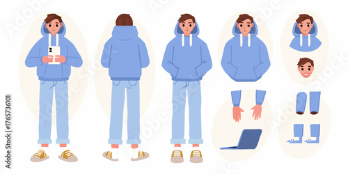 A young man in a blue hoodie and jeans shown from different angles with separate body parts and accessories