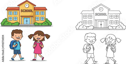 School building illustration, happy children, back to school, education concept, colorful and black white version, classroom, learning, kids, backpacks, fun