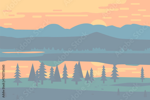 Minimalist flat vector illustration of a colorful mountain landscape with lake in pastel tones. Abstract layered hills,calm sky,yellow sun and tree shapes create a peaceful nature scene.