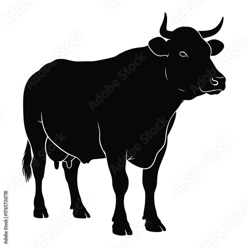 Black silhouette of a cow standing on a white background graphic