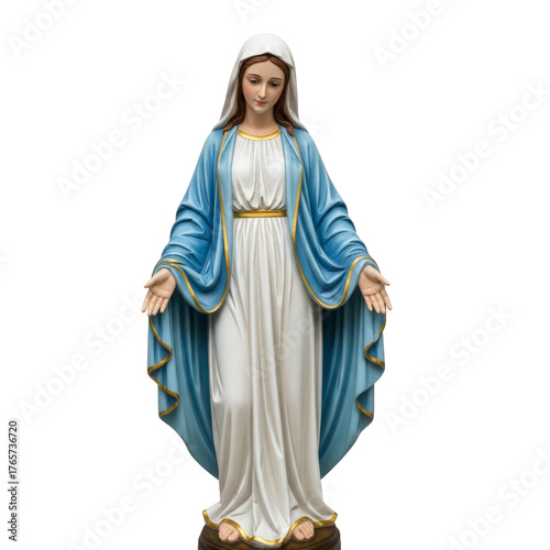 Statue of Virgin Mary with delicate features dressed in flowing blue and white robe displayed in serene environment