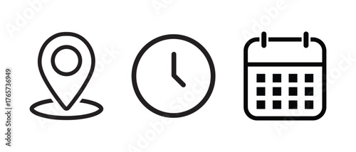 Address, time, date symbols vector. Calendar, Location pin, Clock icons. Event icon set.