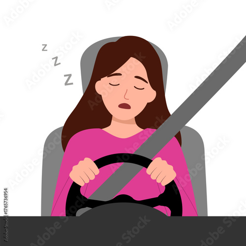 Tired driver to sleep behind the wheel. Sleeping driver, emergency dangerous situation on the road. Unwell, sick car driver. Vector illustration, flat design cartoon style.
