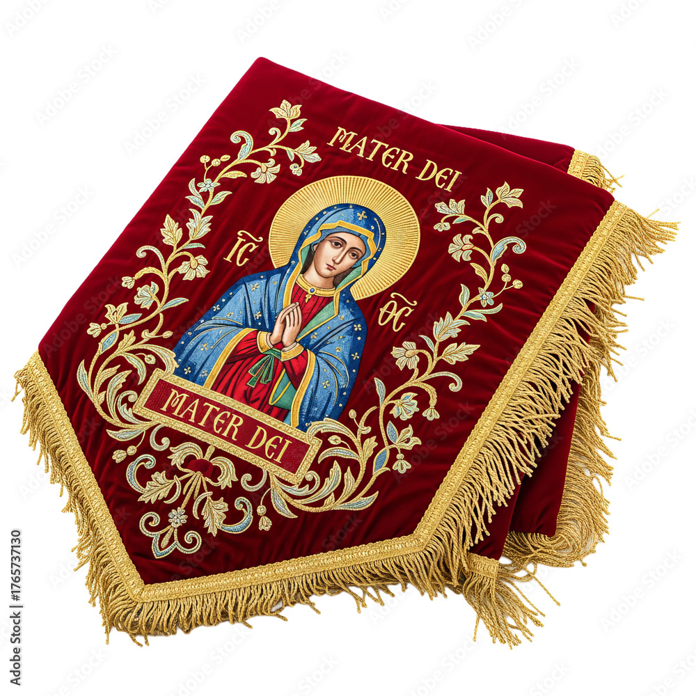 Fototapeta premium Marian processional banner featuring intricate textile design displayed for traditional celebration