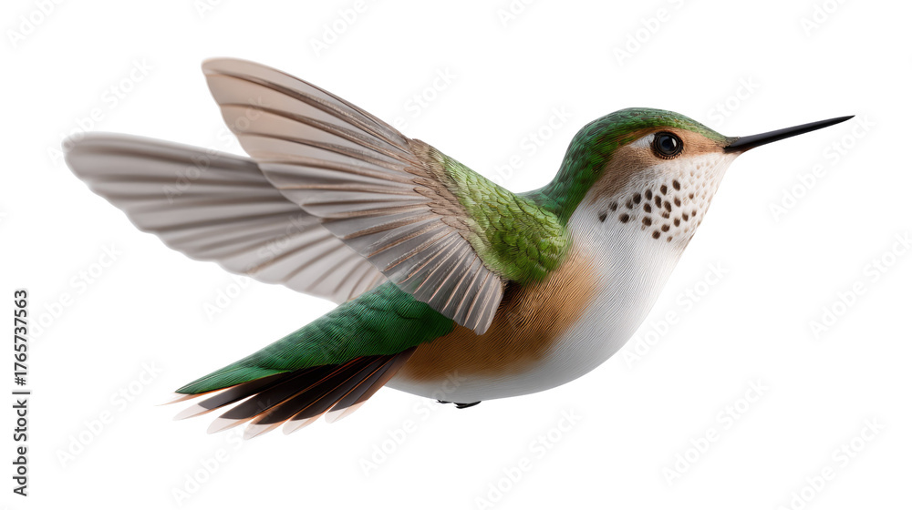Fototapeta premium Hummingbird in Flight: Capture the delicate beauty and aerial mastery of a hummingbird in full flight, showcasing vibrant plumage and a sleek, streamlined form.