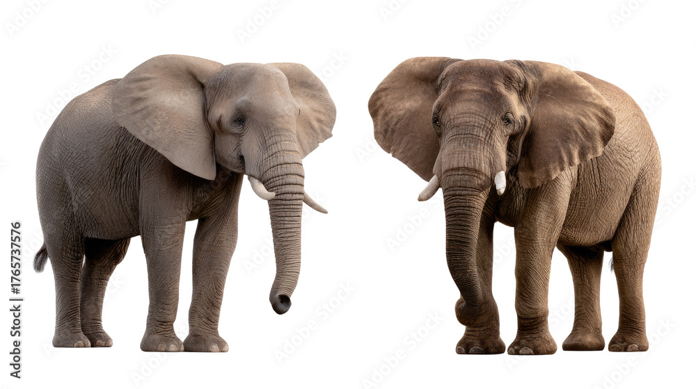 Fototapeta premium Majestic Elephants: Capturing the immense presence of two African elephants, their wrinkled skin, expressive eyes, and imposing tusks stand out against a simple background.