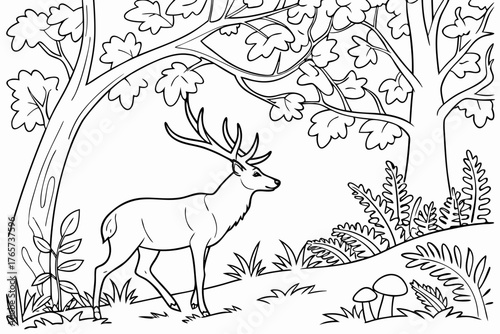 A serene woodland scene featuring a majestic stag standing among detailed oak trees, ferns, and various mushrooms, line art, coloring book page for adults, single continuous black line on white backgr