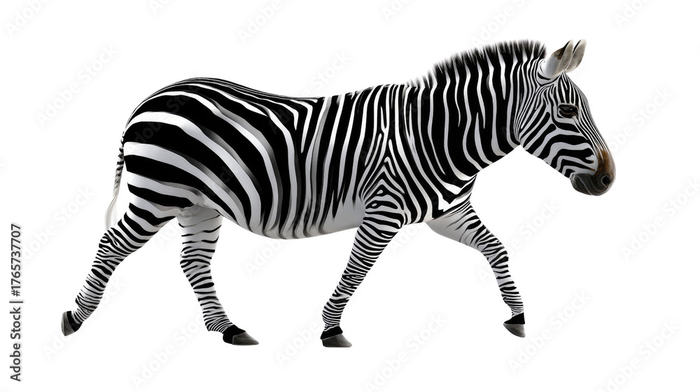 Fototapeta premium Zebra Walking in Brightness: This striking image showcases a zebra walking, its iconic black and white stripes a testament to the marvels of nature. It presents a dynamic study in form and pattern.