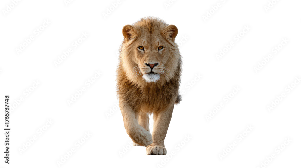 Obraz premium Majestic Lion's Approach: A powerful male lion strides purposefully forward, his gaze intense. the essence of animal power and regality.